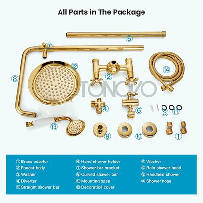 gotonovo Polish Gold Exposed Bathroom Shower Faucet 8 Inch Rainfall Shower Head System Handheld Spray Bathroom Wall Mount Shower Fixture Set