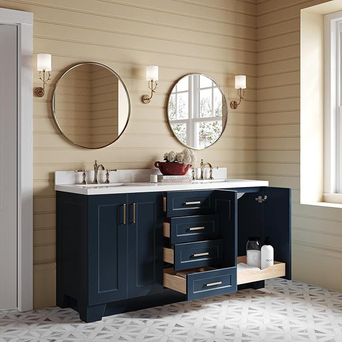 ARIEL Taylor 66-inch Bathroom Vanity with Sink,Solid Wood, 1.5-inch Pure White Quartz Countertop, Double Rectangular Porcelain Sink, 4 Soft Closing Doors, 5 Dovetail Drawers, Midnight Blue