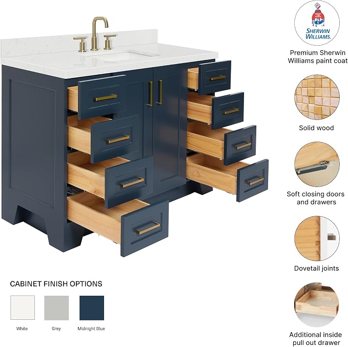 Emilia 48-Inch Bathroom Vanity with Sink — Midnight Blue Single Sink Bathroom Vanity, 1.5" Edge Carrara Quartz Countertop, Solid Wood, 2 Soft Closing Doors, 9 Dovetail Drawers