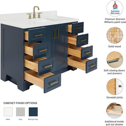 Emilia 48-Inch Bathroom Vanity with Sink — Midnight Blue Single Sink Bathroom Vanity, 1.5" Edge Carrara Quartz Countertop, Solid Wood, 2 Soft Closing Doors, 9 Dovetail Drawers