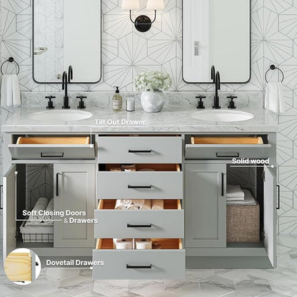 ARIEL Hepburn 66-inch Bathroom Vanity with Sink,Solid Wood, 1.5-inch Italian Carrara Marble Countertop & Backsplash, Double Oval Porcelain Sink, 4 Soft Closing Doors, 6 Dovetail Drawers, Grey
