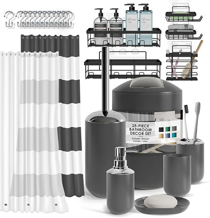Clara Clark Bathroom Accessories Set - Bathroom Set with Adhesive Corner Shower Caddy Hanging, 25PC Bathroom Accessory Set, Grey Shower Curtain Set, Toilet Brush, Trash Can & Soap Dispenser