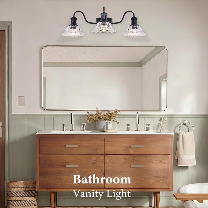 Vintage Bathroom Light Fixtures, 3-Light Matte Black Vanity Light with Flower Glass Shade, Bathroom Lighting Fixtures Over Mirror for Bedroom, Dressing Table