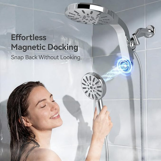 INAVAMZ High Pressure Rain Shower Head Combo with Magnetic Handheld Silver | Dual Shower System with Rainfall Showerhead and 8-Spray Handheld, Magnetic Dock, Adjustable Angle, Power Jet for Cleaning