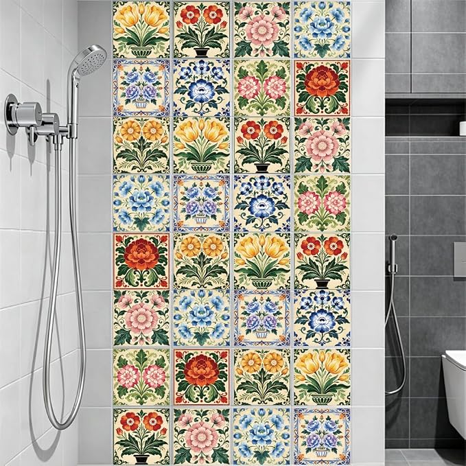 36Pcs 9 Styles Vintage Floral Peel and Stick Tile 4 x 4 Inch Colorful Tile Stickers Square Flower Pattern Waterproof PVC Decal for Kitchen Bathroom Backsplash Furniture Floor DIY Home Decor