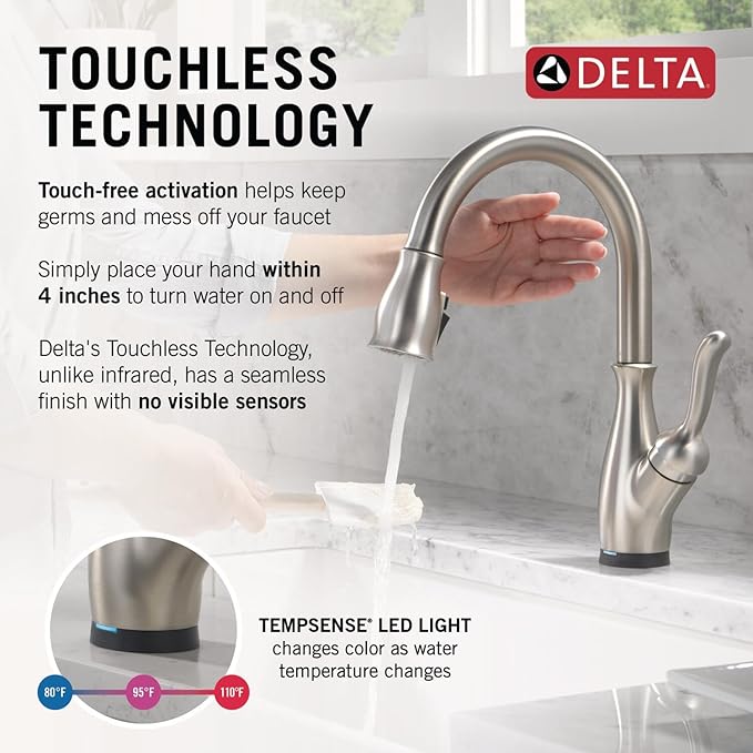 Delta Leland Touchless Kitchen Faucet with Touch Technology, Brushed Nickel Kitchen Sink Faucet with Pull Down Sprayer, Single Hole, SpotShield Stainless 9178TL-SP-DST