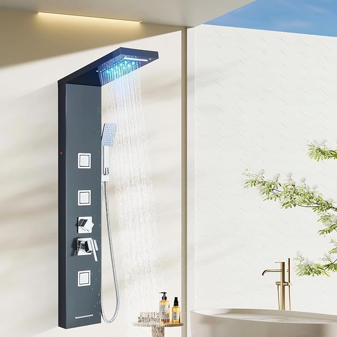 AlenArt Stainless Steel LED Shower Panel Tower System, Bathroom 5-Function Shower Panel Tower with LED Rainfall Waterfall Shower Head, Massage Jets, Tub Spout, Handheld Shower, Black-8126