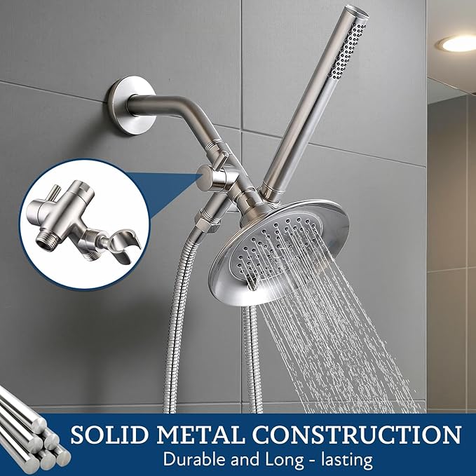 G-Promise Solid Metal Shower Head Diverter with Holder 3-Way | Spray Separately or Both, Adjustable-Angle Bracket, Anti-Leak, Smooth Knob Switch, Easy Install, Universal Replacement Part