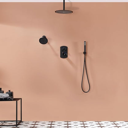 MONDAWE 12 Inch Ceiling Mounted Black Shower System, Dual Rainfall Shower Head & High Pressure Handheld Spray Combo, 3-Function Luxury Shower Faucet Set for Bathroom, All Functions Work Simultaneously
