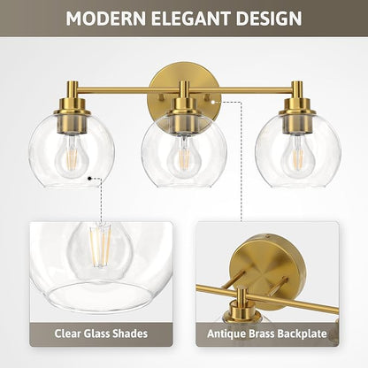 VONLUCE 3 Light Bathroom Vanity Light Fixtures, Gold Finish | Globe Glass Shades, E26 Sockets, Easy to install, Vanity Lights for Bedroom Hallway Living Room