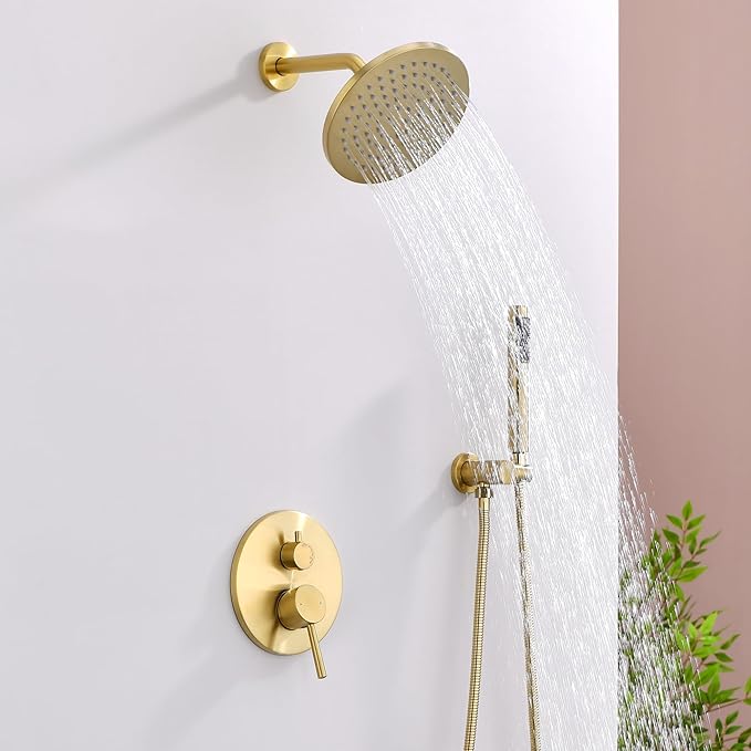 Shower System, All Metal Gold Shower Faucet Set, Brushed Gold | 8" Rainfall Shower Head and Handheld Spray Combo, Round Shower Head and Handle Set with Valve and Trim Kit