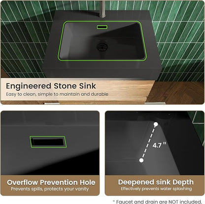 24 Inch Floating Bathroom Vanity with Black Sink, Modern Wall Mounted Floating Vanity with 2 Soft-Closing Drawers, Large Storage for Apartment, Hotel, Rough Oak