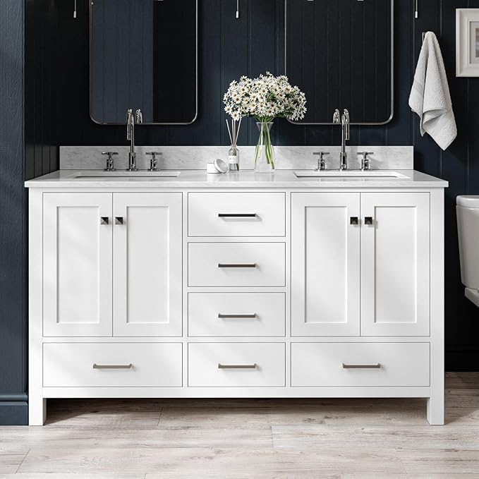 ARIEL Cambridge 60-inch Bathroom Vanity with Sink,Solid Wood, 0.75-inch Italian Carrara Marble Countertop, Double Rectangular Porcelain Sink, 4 Soft Closing Doors, 6 Dovetail Drawers, White