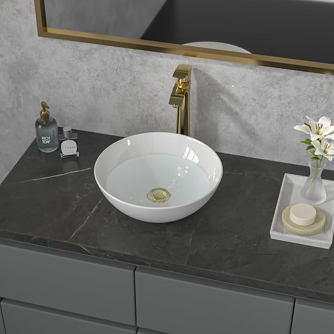 Sarlai Vessel Sink Round - 13"x13" Modern Small Bathroom Sink Round Bowl Above Counter White Porcelain Ceramic Bathroom Vessel Vanity Sink Art Basin