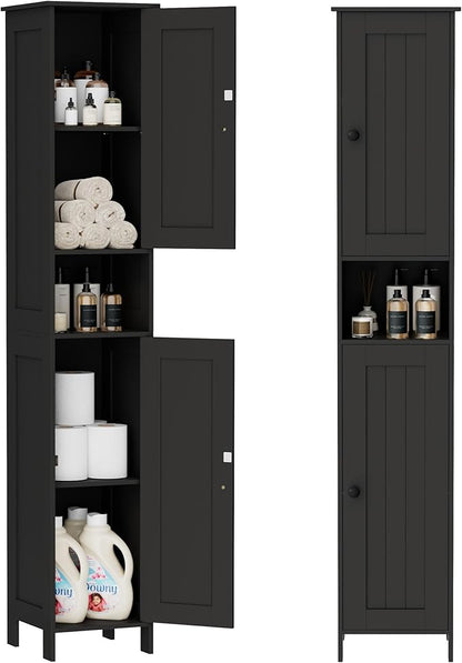 Tall Bathroom Storage Cabinet with 2 Doors, 67"H Narrow Storage Cabinet with Adjustable Shelves& Anti-Tip Design, Reversible Door Installation, Easy Assembly, 11.8 x 11.8 x 66.9 Inches, Black