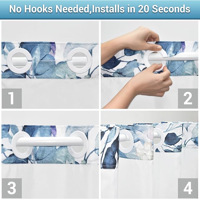 No Hook Floral Shower Curtain with Liner, Eucalyptus Blue, 71x74 | Snap in Liner, 3 in 1, Water Repellent, Easy Install, Machine Washable, Hotel Style for Bathroom, Watercolor Pattern
