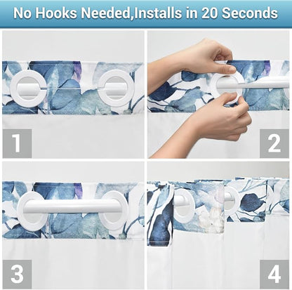 No Hook Floral Shower Curtain with Liner, Eucalyptus Blue, 71x74 | Snap in Liner, 3 in 1, Water Repellent, Easy Install, Machine Washable, Hotel Style for Bathroom, Watercolor Pattern