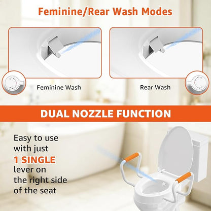 Huttdmel Elongated Bidet Toilet Seat with Handles, 2.8" Elevated Toilet Seat Riser, Soft Close, Quick Release, Non-Slip, No-Electric Wash, Adjustable Spray for Seniors, Elderly & Disabled,White