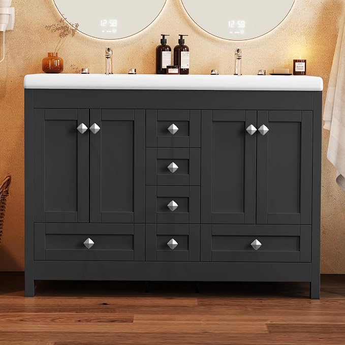 48" Bathroom Vanity with Sink, Large Space Bathroom Double Sink with 2 Door & 6 Drawer, Vanity Sinks for Bathrooms, Black, 47.3" × 19.7" × 35.5"