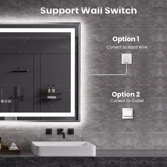 LED Bathroom Mirror 48"X36", Front Light and Backlit(Brushed Silver) | Metal Framed Mirror, Stepless Dimmable, Anti-Fog, HD Reflection, Shatter-Proof, Memory, 3 Colors, Double LED Vanity Mirror.