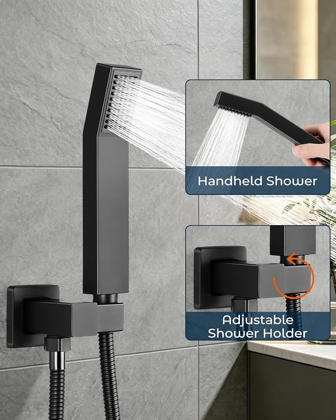 Rain Shower Faucet Set, 10" Top + 6" Side Head, Matte Black | 3-head set w/ valve, SUS304 anti-freeze, 6 spray modes, self-clean nozzles