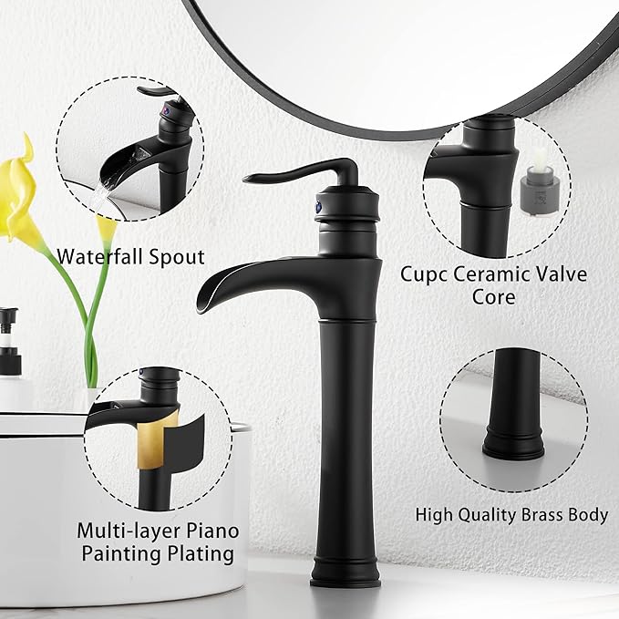 Matte Black Bathroom Faucet GGStudy Single Handle One Hole Farmhouse Waterfall Bathroom Vessel Sink Faucet Black Matching with Pop Up Drain