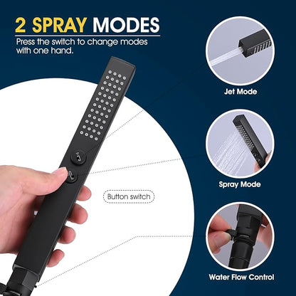 All-Metal High Pressure Square Handheld Shower Head with Jet Spray and Rainfall Modes, Volume Control Regulator, ON/OFF Switch, Hose and Wall Mounted Adjustable Bracket (Matt Black)