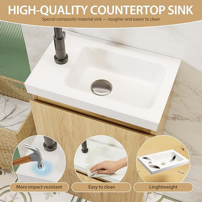 16" Japandi Floating Bathroom Vanity with Sink, Pre-Assembled Wall-Mounted Bathroom Vanity, Narrow Bathroom Vanity 10" D Solid Wood Vanity Cabinet, Engineered Stone Top, Soft-Close Hinge