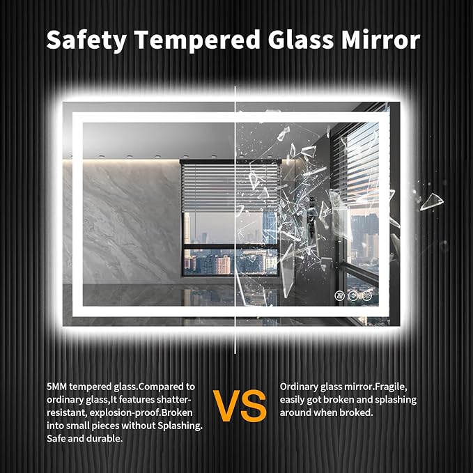 LOAAO 48X36 LED Bathroom Mirror with Lights, Anti-Fog, Dimmable, Backlit + Front Lit, Lighted Bathroom Vanity Mirror for Wall, Shatter-Proof, Memory Function, ETL Listed | Anti-Fog, Dimmable, 3 Color Temperature, Backlit + Front Lit, Memory Function, T...