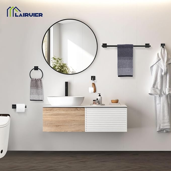 Lairuier 10-Piece Matte Black Bathroom Accessories, Towel Bar Set | Bathroom Hardware Set Includes SUS304 23.6" Towel Bar, Towel Ring, Toilet Paper Holder and Towel Hooks Wall Mounted