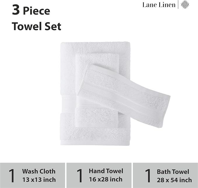 LANE LINEN Bath Towel Set 100% Cotton 3 Piece Soft Absorbent - White | Oeko-Tex Bath Towels - Zero-Twist Cotton, Terry Weave Comfort, Long-Lasting Comfort, Hotel-Style Look, Machine Washable