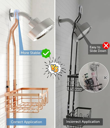 Upgraded Extended Length Shower Organizer with Hooks, Rustproof Shampoo Soap Holder, Large Hanging Bathroom Caddy, Rose Gold