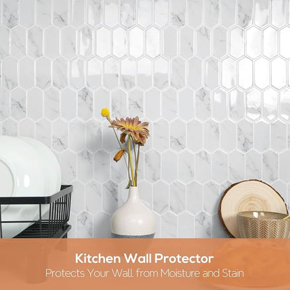 Vamos Tile Upgraded Thicker Design Backsplash Tile Peel and Stick, 10-Sheet Grey Marble Long Hexagon Self Adhesive Wall Tiles Stick On Backsplash for Kitchen Bathroom RV Fireplace