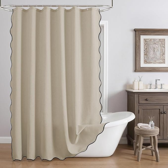 Linen Scallop Shower Curtain with 12 Clear Hooks, Waterproof, 72x84, Beige | Cute Washable Heavy Duty Thick Fabric with Black Border, Neutral Modern Farmhouse Boho Décor