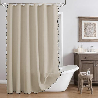 Linen Scallop Shower Curtain with 12 Clear Hooks, Waterproof, 72x72, Beige | Waterproof Heavy Duty Thick Fabric with Black Border, Neutral Boho Farmhouse Bathtub Shower Curtain