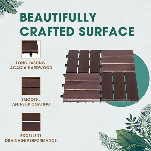 IDZO Interlocking Deck Tiles - 10PCS Waterproof Acacia Wood Patio Tiles, Flooring Tiles for Both Indoor and Outdoor - Decking Checker Pattern, 12 x 12 x 0.9 Inches, Dark Brown
