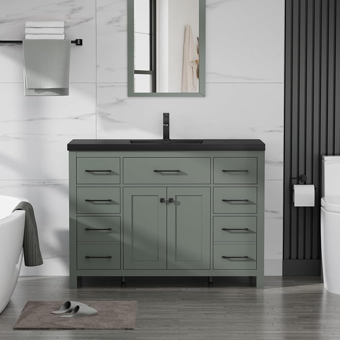 LUCKWIND 48" Modern Bathroom Vanity with Sink Combo, Contemporary Painted Storage Cabinet and Single Black Sink, Include Soft-Closing Doors & Matte Black Faucet, Green