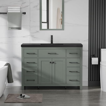 LUCKWIND 48" Modern Bathroom Vanity with Sink Combo, Contemporary Painted Storage Cabinet and Single Black Sink, Include Soft-Closing Doors & Matte Black Faucet, Green