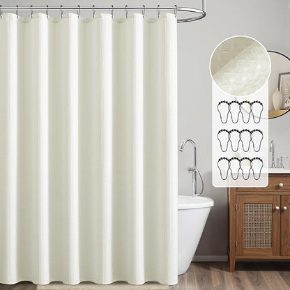 MIULEE Waffle Weave Fabric Shower Bath Curtain with 12 Metal Hooks 260GSM Heavy Duty Washable Waterproof Narrow Thick Cloth Shower Curtains Set for Bathroom Hotel Bathtub, W72*L72, Ivory