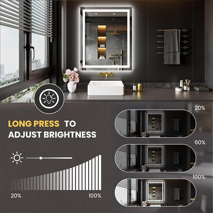 LOAAO 28"X36" LED Bathroom Mirror with Lights, UL Listed | Anti-Fog, Dimmable, 3 Color Temperature, Backlit + Front Lit, Memory Function, Tempered Glass