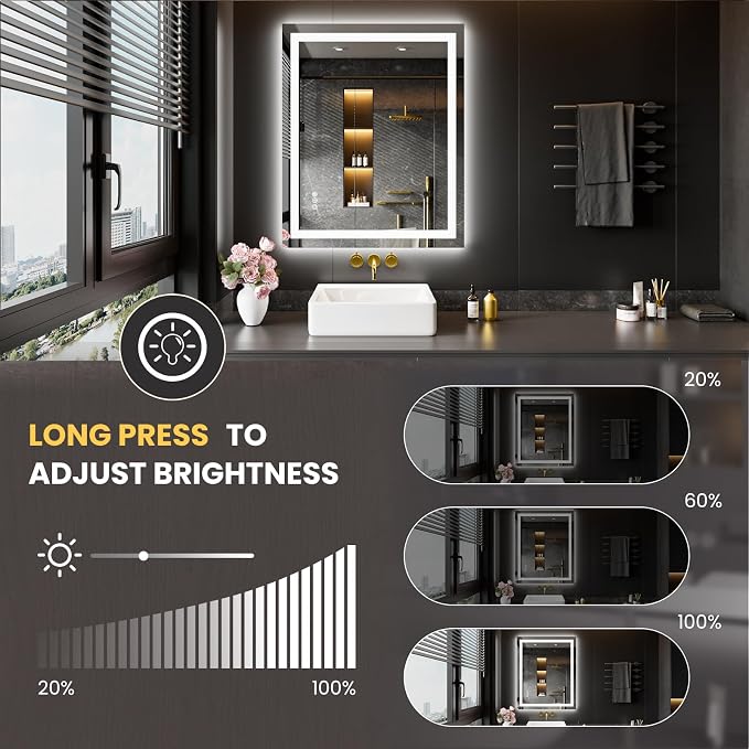 LOAAO 20"X28" LED Bathroom Mirror with Lights, UL Listed | Anti-Fog, Dimmable, 3 Color Temperature, Backlit + Front Lit, Memory Function, Tempered Glass