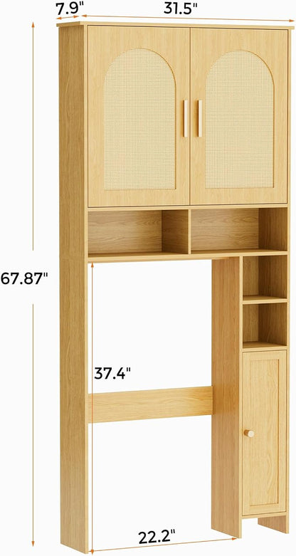 Homhedy Wooden Over The Toilet Storage Cabinet, Natural | Bathroom Organizer with Rattan Decorated Doors, Adjustable Shelves, Toilet Paper Holder, for Small Spaces