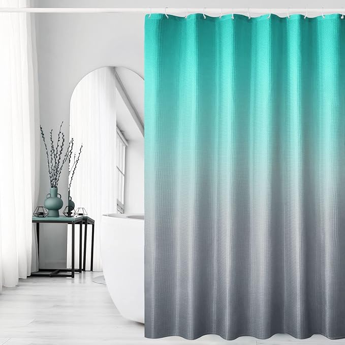 Teal Grey Ombre Fabric Shower Curtain for Bath Decor, 72 x 72 | Teal Grey Gradient Fabric Shower Curtain, Cloth-Textu Bathroom Curtains Shower Set, Water Repellent and Machine Washable