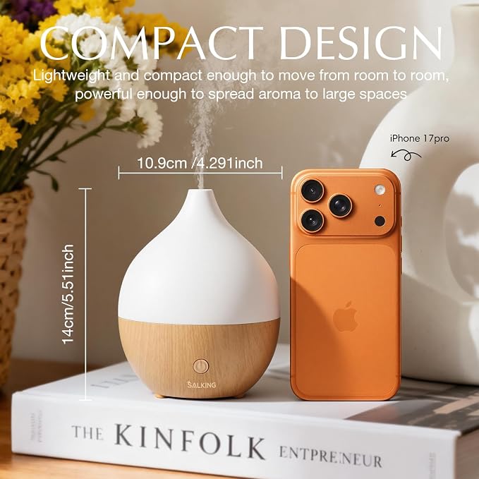 SALKING Essential Oil Diffuser for Home, 100ml Small Aromatherapy Diffuser | Ultrasonic Diffusers for Essential Oils, Warm White Lights, Cool Mist Humidifier with Auto Shut-Off, for Bedroom, Office