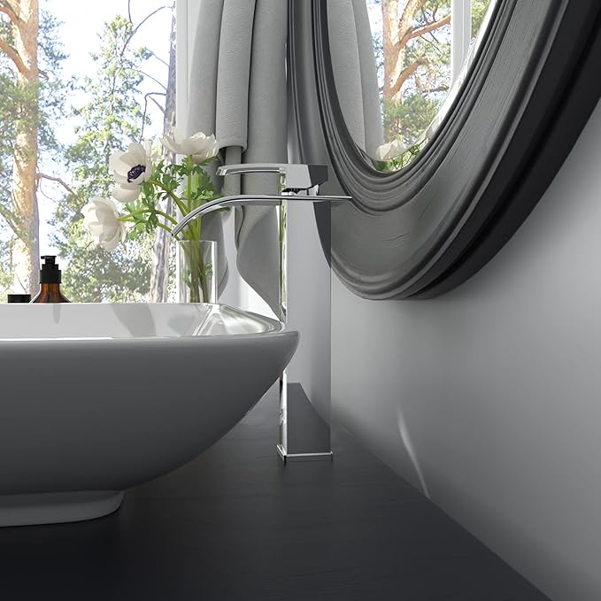 BWE Vessel Sink Faucet Chrome Waterfall Bathroom Faucet for Sink 1 Hole Single Handle Tall Vanity Faucet Lavatory Deck Mount Mixer Tap with Pop-up Drain