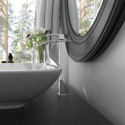 BWE Vessel Sink Faucet Chrome Waterfall Bathroom Faucet for Sink 1 Hole Single Handle Tall Vanity Faucet Lavatory Deck Mount Mixer Tap with Pop-up Drain