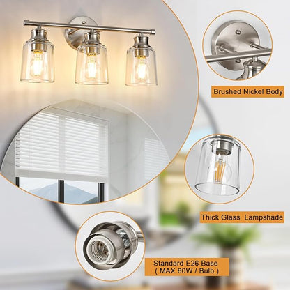 Bathroom Light Fixtures Over Mirror, 3 Lights Vanity Lights with Clear Glass Shade, 18.1" Brushed Nickel Farmhouse Bathroom Wall Light Fixtures for Bedroom, Hotel, Mirror Cabinet