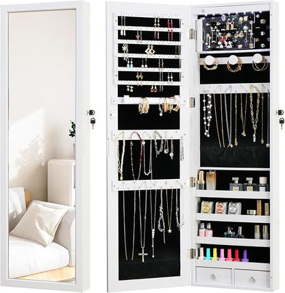 Jewelry Armoire Door Wall Mounted Mirror with Storage And Drawers | 47.3"LED Jewelry Cabinet with Mirror with Storage And Drawers White