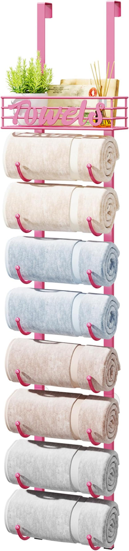 HapiRm Towel Racks for Bathroom Storage - 9 Tier Over The Door & Wall Mount Rolled Towel Storage Organizer Holder with Metal Shelf Basket for Small Bathroom, Camper, Rv - Pink, Patented