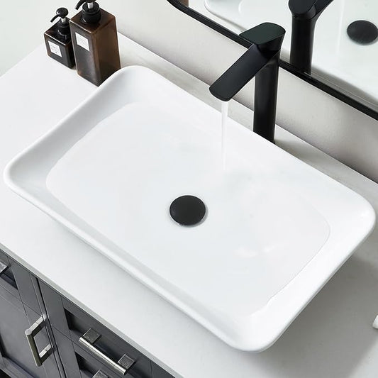 24*15 Inch Glossy White Modern Art Countertop Bathroom Vessel Sink, Decorative-Functional Ceramics Rectangle Vessel Sinks, Elegant Above Counter Large Washbasin Bowl for Bathroom Vanity, RVs